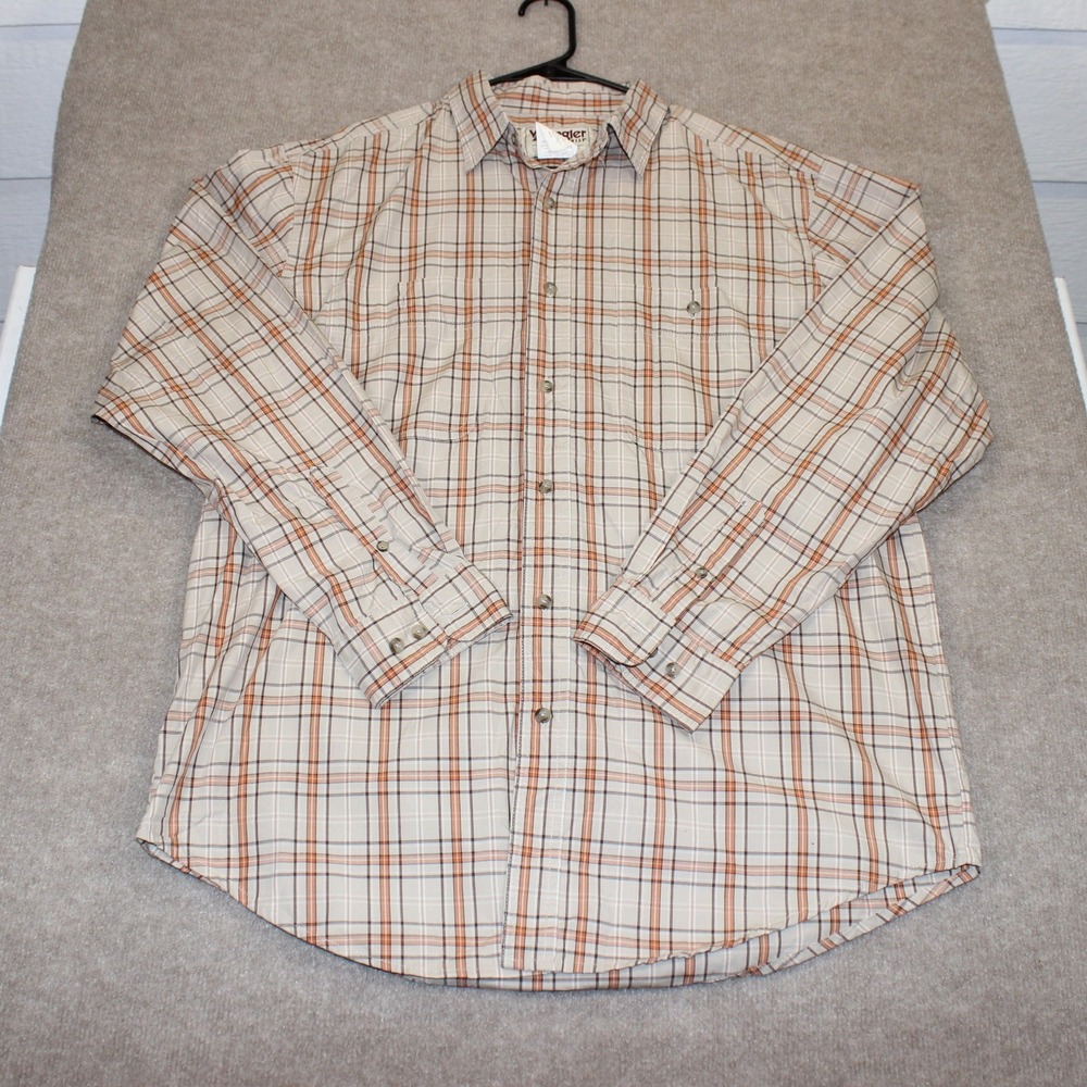 Wrangler Rugged Wear Mens Large Plaid Button Down Shirt Tan Orange WGGH53133